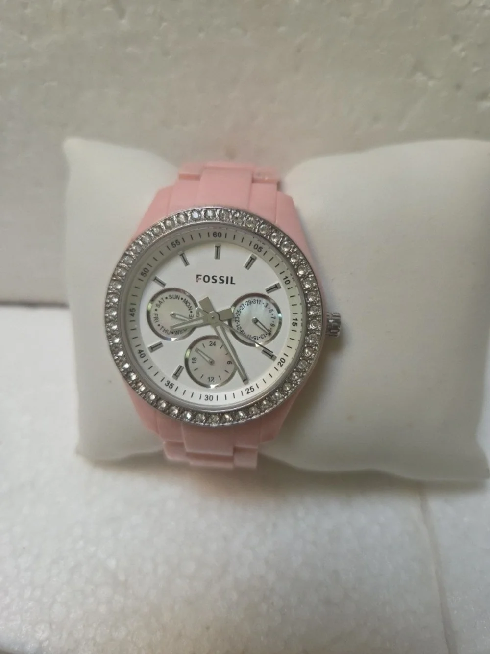 Fossil Pink Silicone Crystal Accent Women's Watch